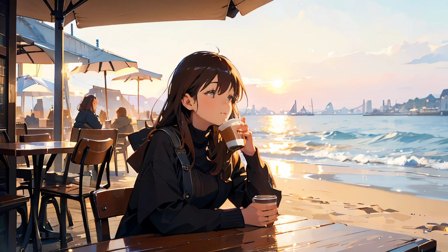 Anime girl sitting at a table with a drink on the beach - SeaArt AI
