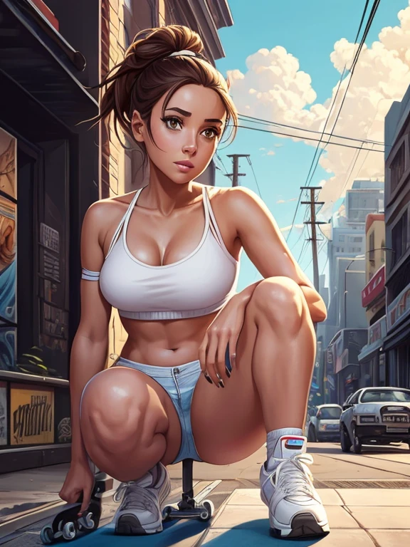 Imagine a 4K digital painting that depicts a female character illustrated in a stylized way and with realistic details. The character is crouched on a skateboard, in an urban setting. In the background, there is a clear sky with some soft clouds. She wears a white lingerie top and denim shorts, paired with a pair of white sneakers. Her brown hair is in a high ponytail, and she wears a pair of large headphones.
The character has notable makeup, highlighting her facial features, and expresses a contemplative look. Her skin is illuminated by daylight, with subtle shadows that highlight the details of her face and body. To add even more depth to the scene, power lines and poles are present in the background, suggesting an urban setting.
The painting must present a detailed and careful representation, with emphasis on shading and lighting that simulate a scene in daylight. All elements must be executed with precision and professionalism, ensuring a high-quality 4K work of art.