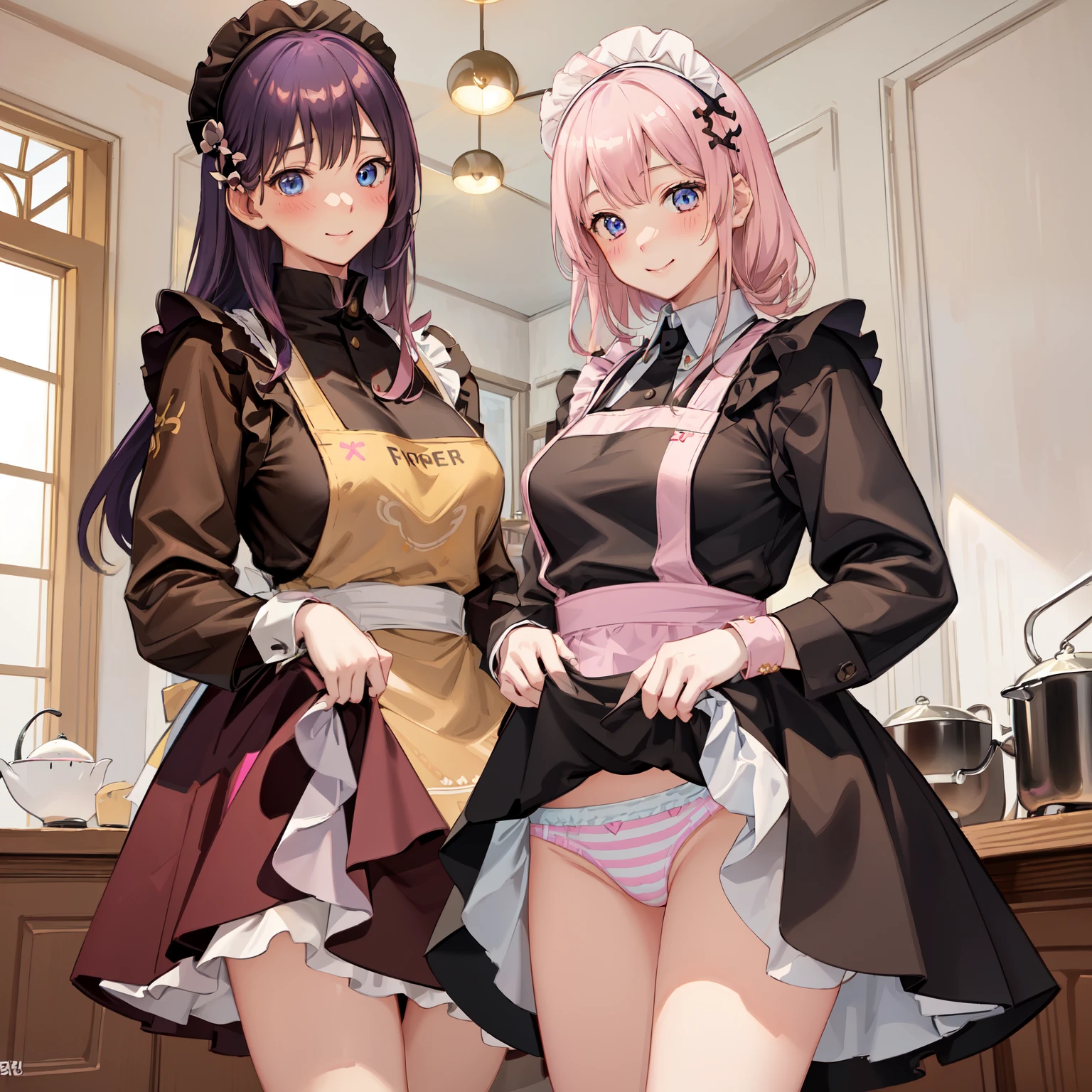 highest quality、masterpiece、((2 women))、((smile:1.3))、(blush:1.3)、Black Shirt、blouse、((fun!!))、(Small breasts)、()、Blonde、(Long sleeve)、((White apron:1.5))、((Maid))、((hair ornaments)),、Kamimei、look at me、 ((in house:1.5))、 Taking a break from watching the audience、Cowboy Shot、(Skirt lift:1.3),(Highly detailed pink striped panties:1.3)、(Highly detailed panties:1.3)、、(スカート that rolls up:1.3)、(Panties fully exposed:1.5)、Light blue eyes、long hair、Glowing Eyes