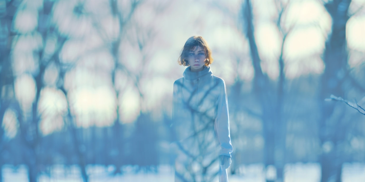 movie, One girl, alone, bare wood, View your viewers, short hair, Realistic, naked, Hair on one eye, wood, whole body, lips, Brown Hair, Outdoor, blue eyes, Blurred, branch, Day, Blurred background, snow