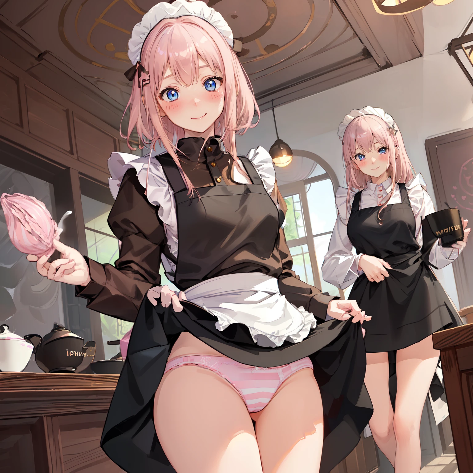 highest quality、masterpiece、((2 women))、((smile:1.3))、(blush:1.3)、Black Shirt、blouse、((fun!!))、(Small breasts)、()、Blonde、(Long sleeve)、((White apron:1.5))、((Maid))、((hair ornaments)),、Kamimei、look at me、 ((in house:1.5))、 Taking a break from watching the audience、Cowboy Shot、(Skirt lift:1.3),(Highly detailed pink striped panties:1.3)、(Highly detailed panties:1.3)、、(スカート that rolls up:1.3)、(Panties fully exposed:1.5)、Light blue eyes、long hair、Glowing Eyes