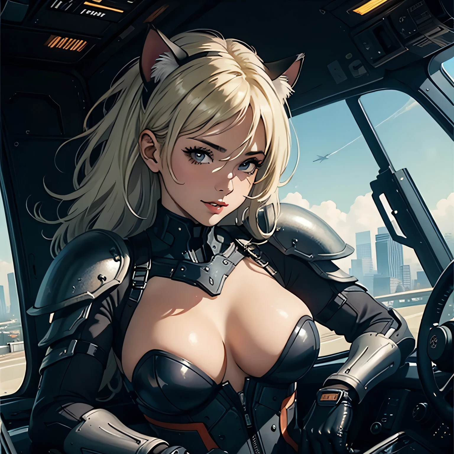((highest quality)), ((masterpiece)), (be familiar with), (High definition), 8K, Perfect Face、2Women、Two blonde women with cat ears、((Standing by in the mobile suit's 2cockpit))、Fearless smile、tall、2 Blonde cat ears、2. Long Hair、2. Volumetric hair style、Large Breasts、Narrow waist、Big Ass、glamorous、Alluring、protector、Armor、combat suit、Combat Boots、Armament、Cinematic、Best Shadow、Side lighting、NEO TOKYO、((cockpit))、(Close-up of face)