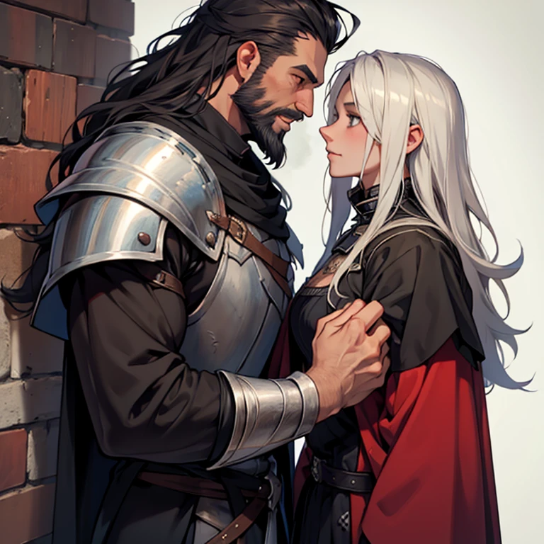 Young Witch, old beard muscular knight, face to face, bloody face knight,