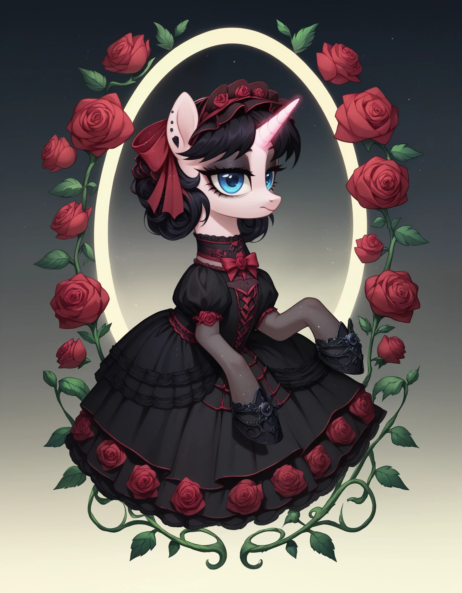 score_9,score_8_up,score_7_up,score_6_up, Gothic pony, gothic ta fashion, glowing backlight, roses, glitter, whimsical, enchanted, magical, fantasy art concept, intricate details, blue, pink and black tetradic colors