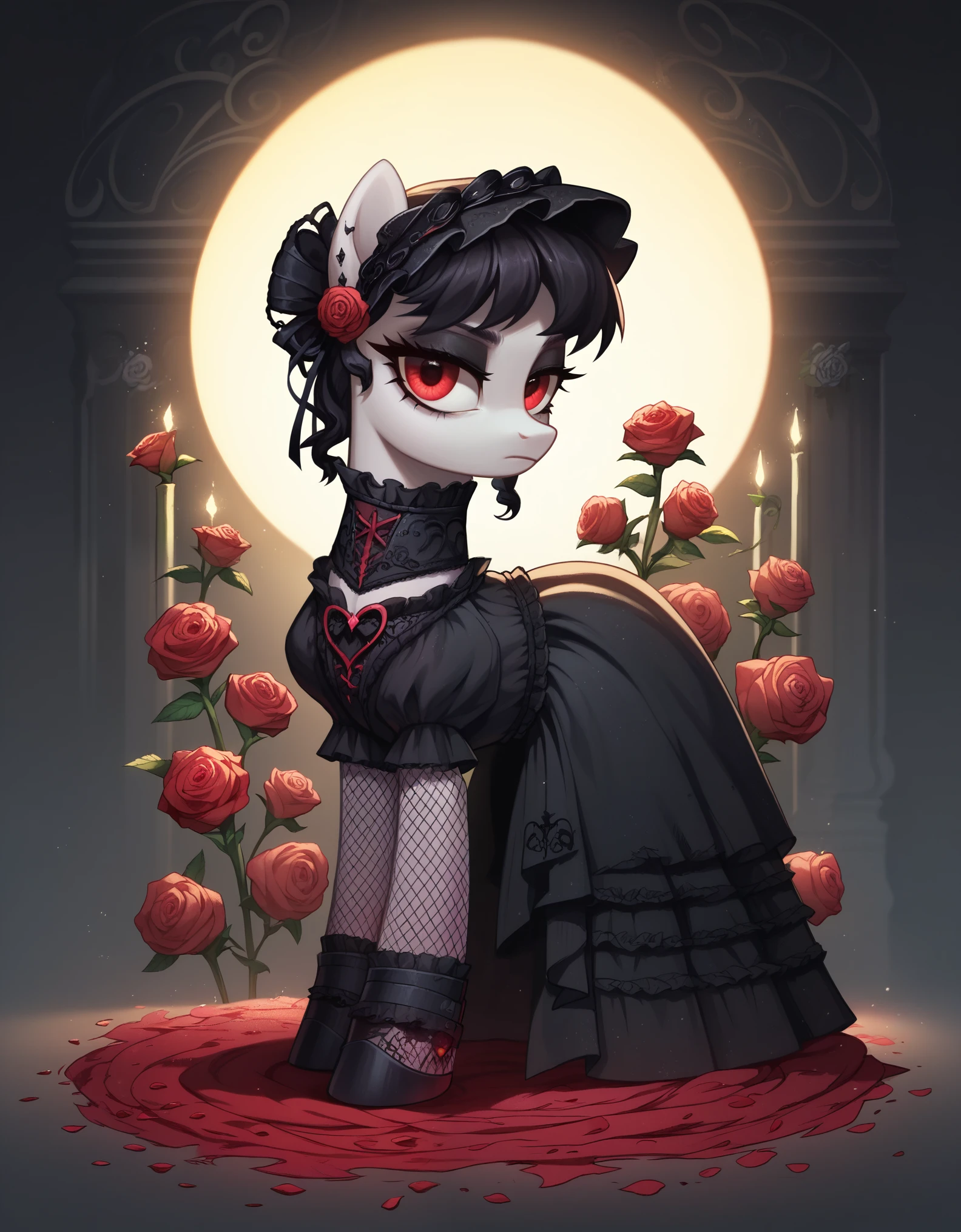 score_9,score_8_up,score_7_up,score_6_up, Gothic pony, gothic lolita fashion, glowing backlight, roses, glitter, whimsical, enchanted, magical, fantasy art concept, intricate details, blue, pink and black tetradic colors