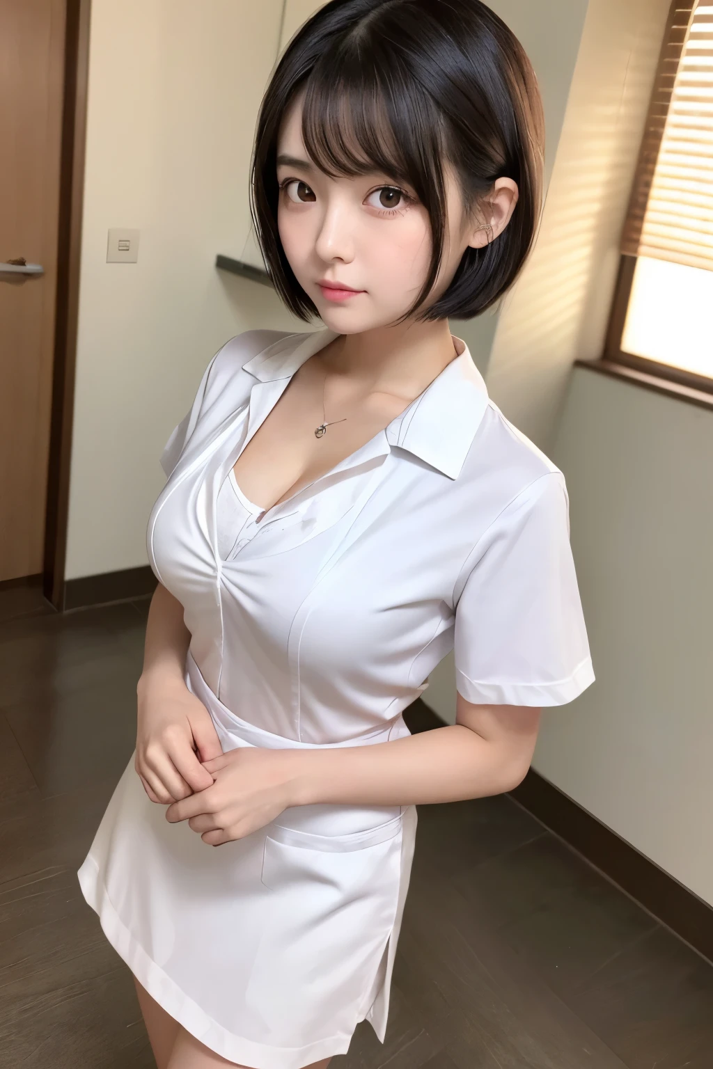 Cinematic Lens, Centered, Cinematography, Intricate details, meticulously crafted, Magnificent, Maximum Detail, Extremely beautiful, Realistic, (((1girl in, Solo))), 18 years old, Short hair, Black hair, (((Center))), white nurse uniforms,hospitals