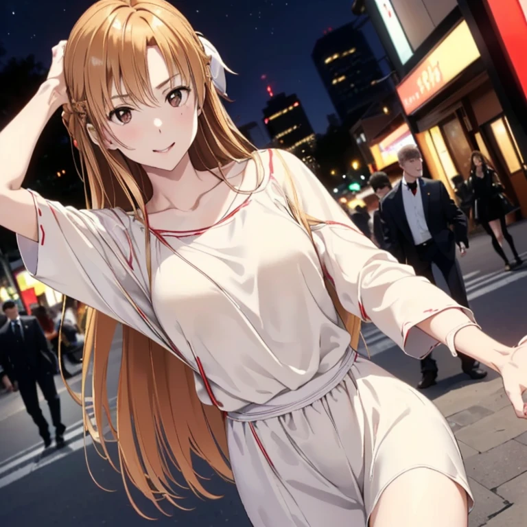((highest quality)), ((masterpiece)), (detailed), Perfect Face、Yuuki Asuna、(The woman is a brown-haired Japanese)、((The woman was completely drunk and staggered as she clung to the arm of a white man and walked through the city at night.))、(A white man grabs a drunk woman and drags her to the hotel entrance.)、((The white man is well-built and has a strong body.))、The woman is dressed casually、Man dressed casually、(The woman is drunk and in a good mood, her face is red and her eyes are closed.)、In front of the love hotel