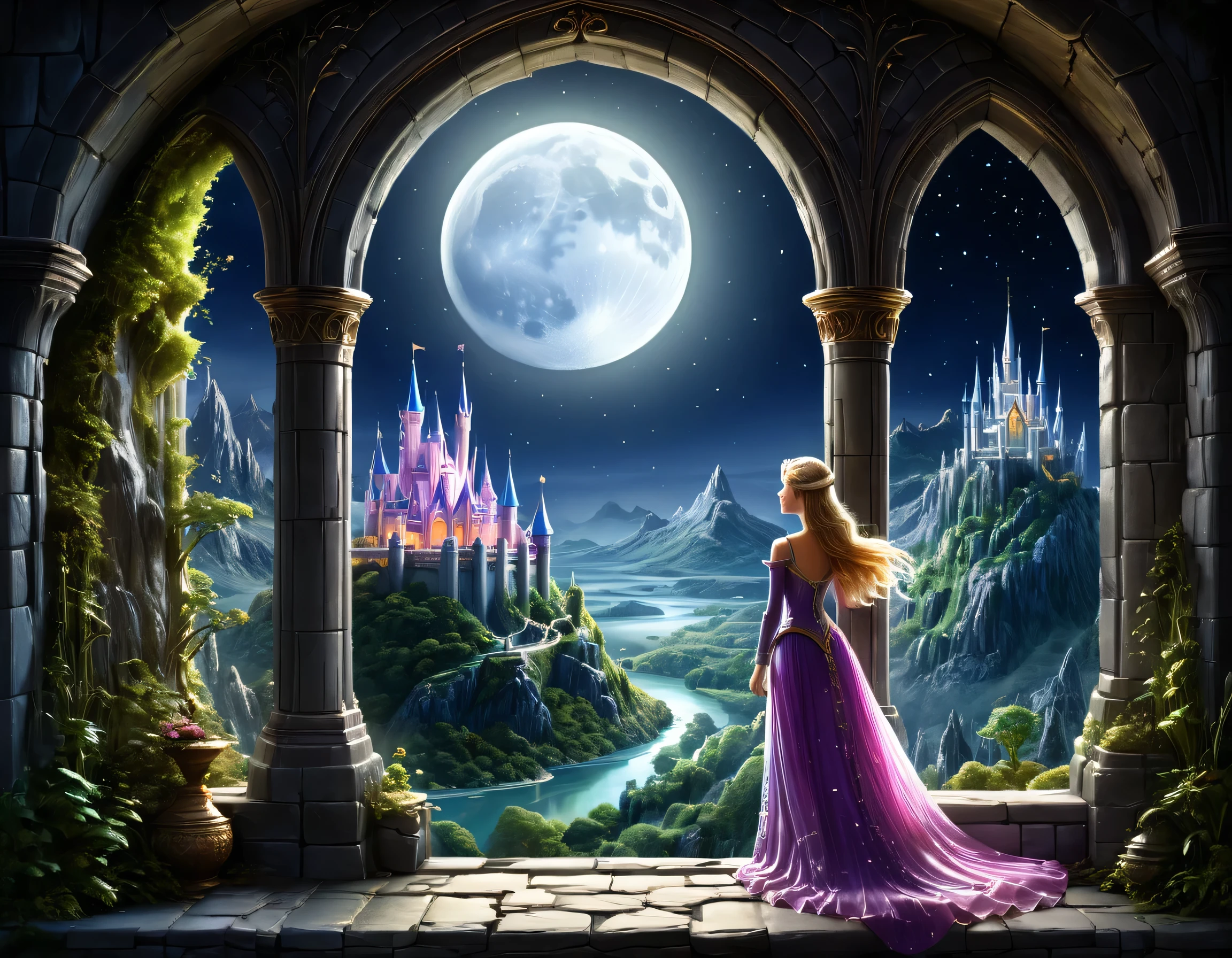 fantasy art, RPG art, a princess looking through her window at a magical castle, a beautiful elven princess looking through her window to see a magical castle, an impressive best detailed castle, with towers, bridges, a moat, standing on top of a mountain, moon, colouredglazecd_xl, BJ_Full_Moon