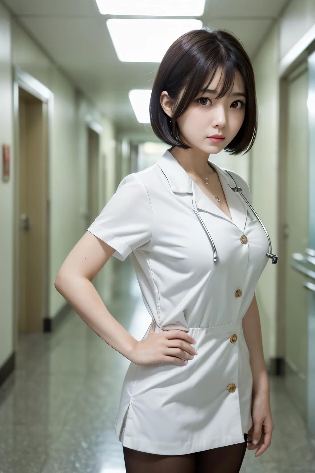 (1 Girl)、(Beautiful Japanese、18years old,round face、Refreshing、clear、seems kind、stylish、Pitiful、cute like an angel、cute、black eyes、,actress,Almond-shaped eyes), Good style , (Beautiful big breasts:1.2),(soft breasts),(very cute),(Black hair),(short bob hair),(enchanting eyes),(highlight on eyes:1.2)、(8K、Live shooting、highest quality、masterpiece:1.2、optimal lighting)、((masterpiece)),(Photo taken by a professional photographer),(real、photo real:1.4),break,{ (White nurse costume),(((taraditional nurse uniform))),(White nurse mini skirt),((White pantyhose)),(cleavage:1.2)},( Sad face:1.4),(cheeks are red:1.2), break, break,Hospital,Face shot:1.3、Hospital corridor、Looking Back at viewer:1.6, face close-up,Dynamic angle,Hands on hips:1.4,syringe
