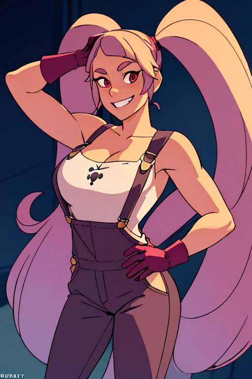 ((masterpiece,best quality)), absurdres, Entrapta_Shera, solo, twintails, smiling, looking at viewer, cowboy shot, cinematic composition, dynamic pose, overalls, no shirt