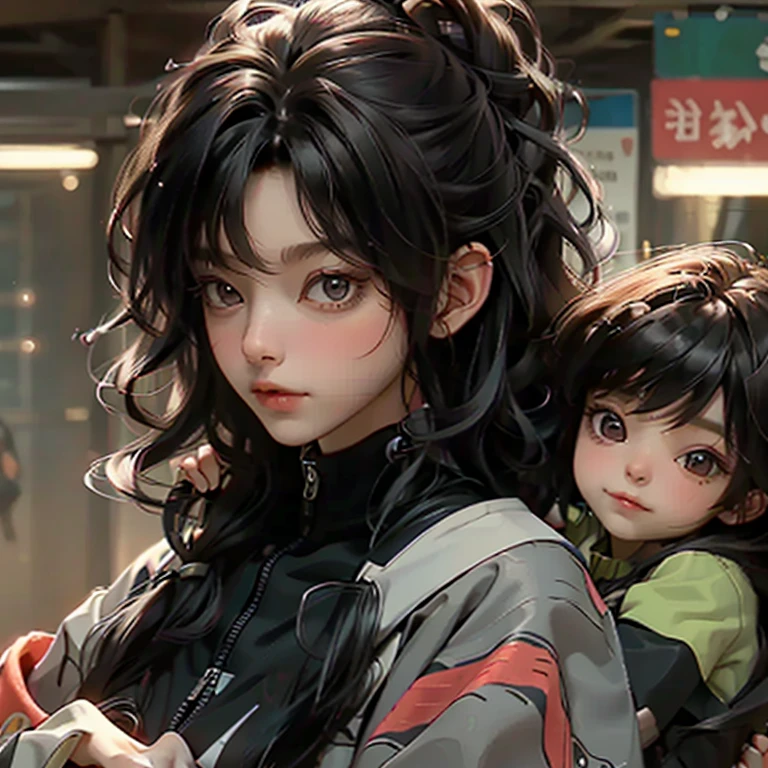 Strong brunette woman in university clothes with two small children on her shoulder, one with curly hair and a dark-skinned boy with straight hair