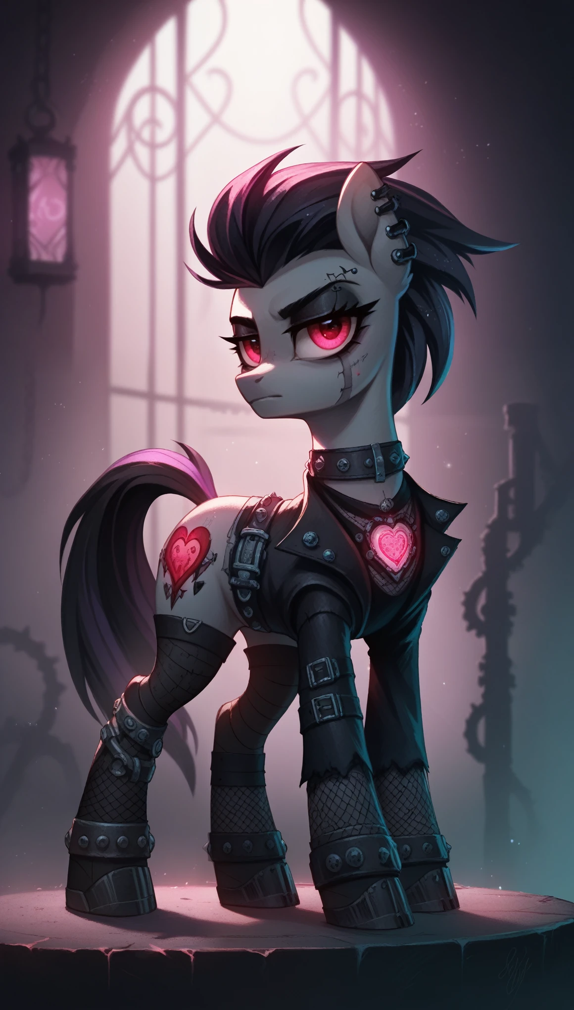 score_9,score_8_up,score_7_up,score_6_up, Gothic pony, cybergoth fashion, glowing backlight, club scene, glitter, whimsical, enchanted, magical, fantasy art concept, intricate details,