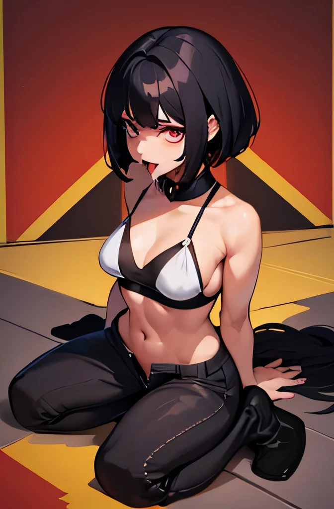 1 chica, golpes, pelo negro, Corte de pelo corto, ropa negra, mangas largas, emo, de pie, ojos rojos, solo, tetona, fondo sencillo, Falda negra, pantys, (oral invitation: 1.4), ((Obra maestra))