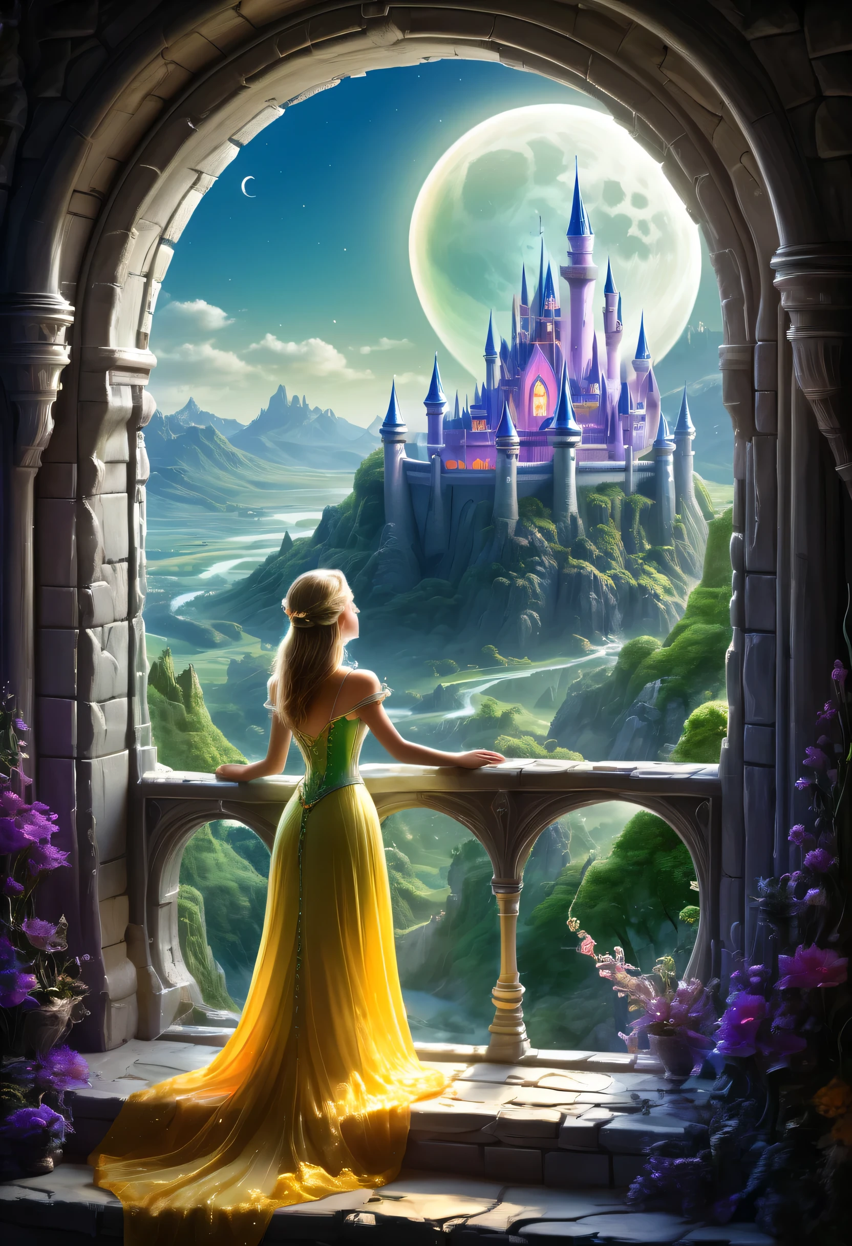 fantasy art, RPG art, a princess looking through her window at a magical castle, a beautiful elven princess looking through her window to see a magical castle, an impressive best detailed castle, with towers, bridges, a moat, standing on top of a mountain, moon, colouredglazecd_xl, BJ_Full_Moon