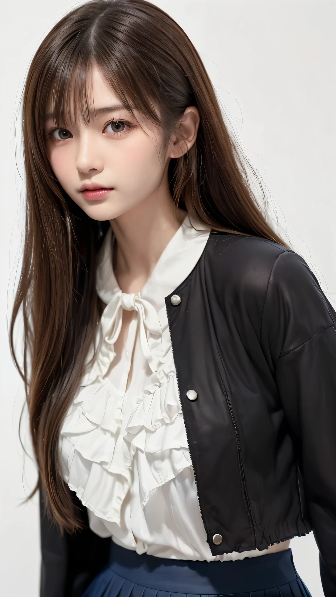 Blonde、(((((Idol、Nogizaka、Sakurazaka、Hinatazaka、Blonde)))))、((((Blonde、forehead、long hair、Long Hair、腰までのLong Hair、Glowing Skin、Fair skin、Plump Lips、Straight Hair、Gray eyes、白Gal、Gal、Idol衣装、Stage Costumes、uniform、Jacket、blouse、mini skirt、race、Frills、Northern Europe、White background、シンプルなWhite background)))))))、、masutepiece, Best Quality, Photorealsitic, finely detail, hight resolution, 8K Wallpapers, Perfect dynamic composition, Beautiful detailed eyes, 18 year old、(Drooping eyes 1.4)、Adult beauty、japanes