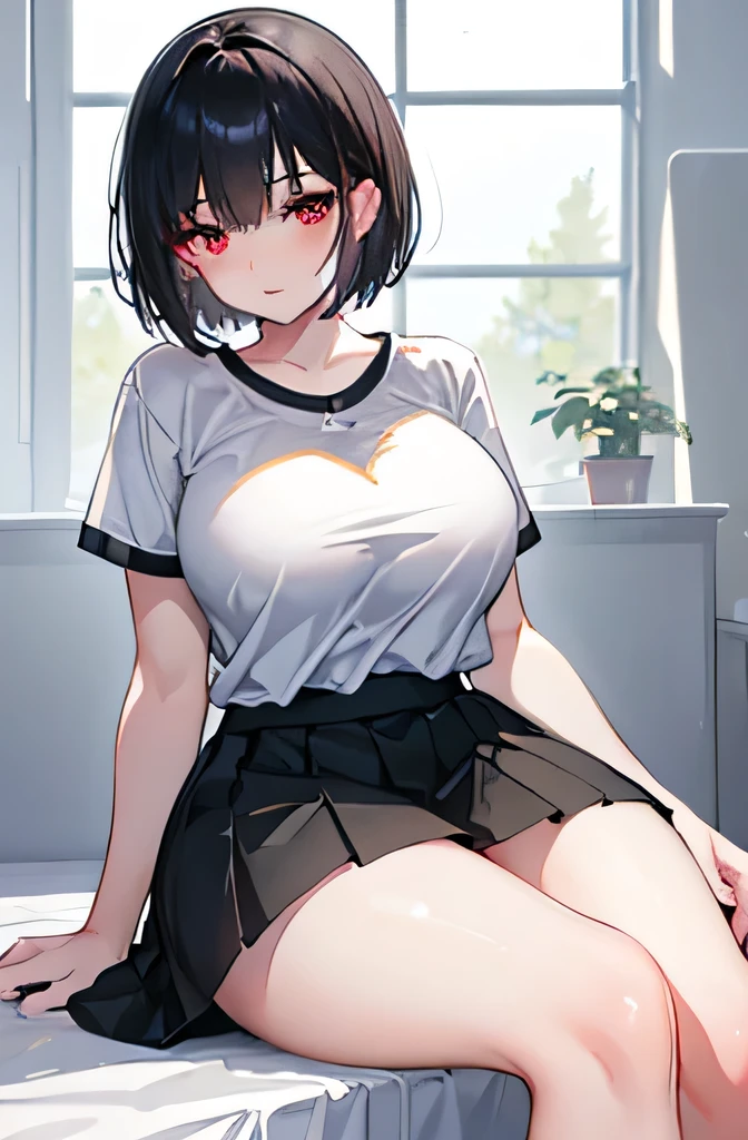 1girl, black skirt, busty, white t-shirt, beautyful woman, sexy, black hair, short haircut, blush, arm down, sexy look, parted lips, red eyes, epic lightning, detailed lightning, detailed background, bedroom, high thigh socks