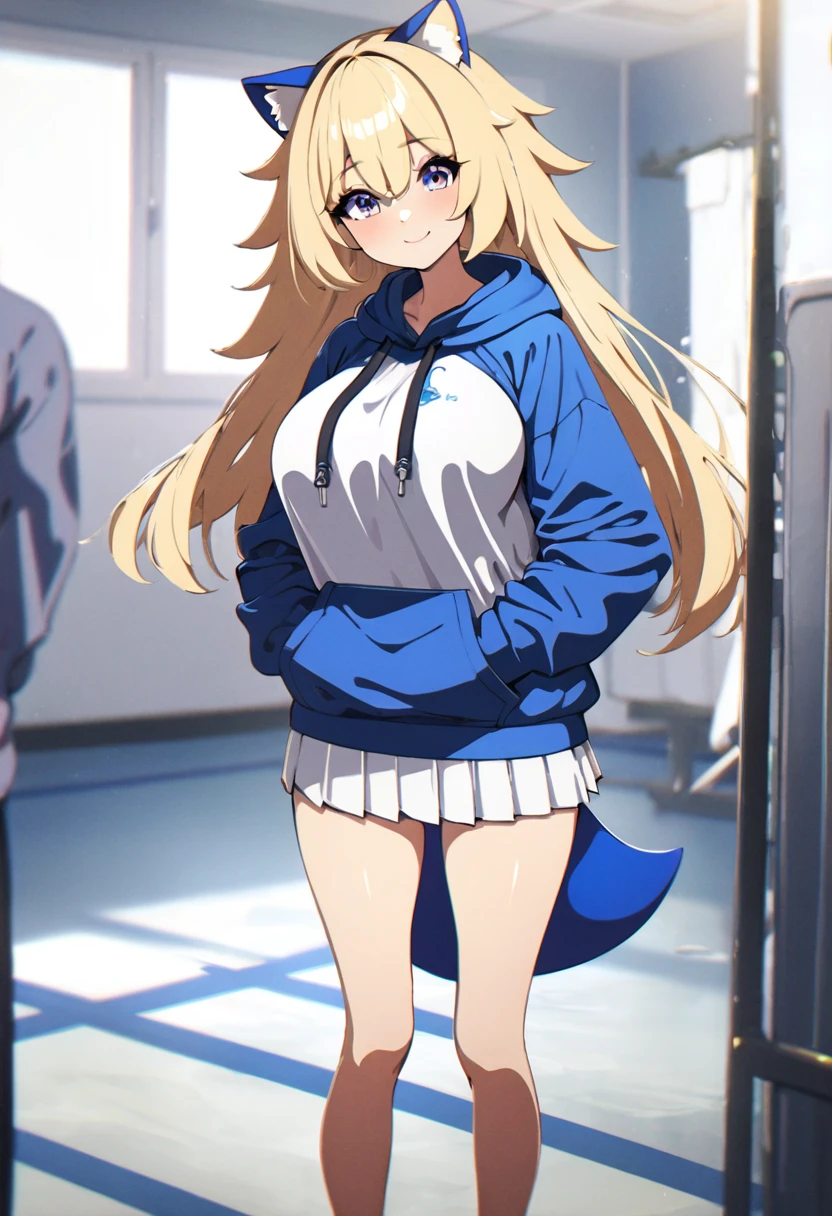 (masterpiece:1.2, best quality), (highly detailed), gym locker room, 1girl, 13yo girl, , long legs, long hair, blonde, (white pantielue sonic the hedgehog hoodie)), standing, smile, Original Character, Volumetric Lighting, Best Shadows, Shallow Depth of Field, (Highest Quality, Amazing Details:1.25), Brilliant Colorful Paintings (Huge breasts: 1. 2,),
