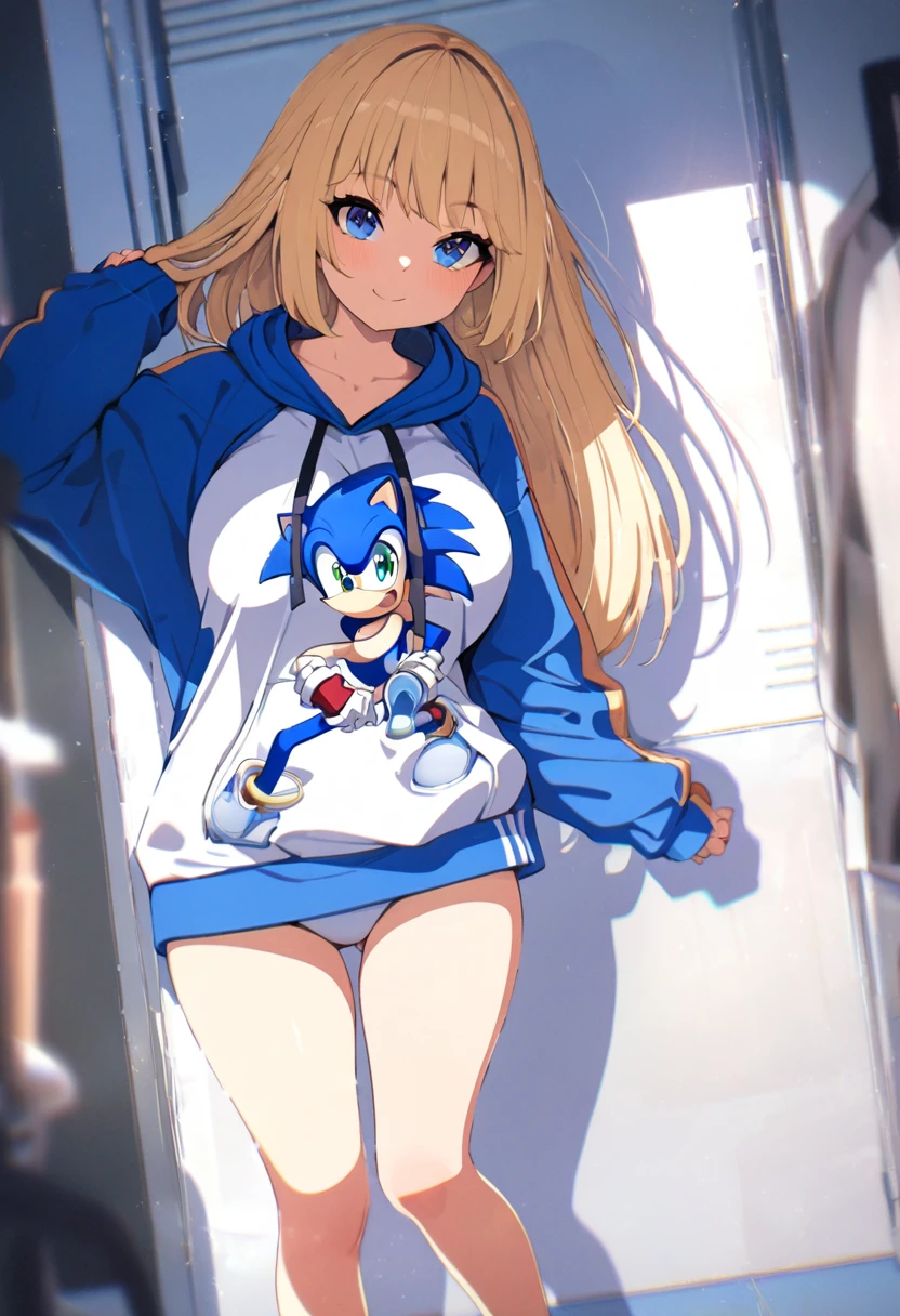 (masterpiece:1.2, best quality), (highly detailed), gym locker room, 1girl, girl, , long legs, long hair, blonde, (white pantielue sonic the hedgehog hoodie)), standing, smile, Original Character, Volumetric Lighting, Best Shadows, Shallow Depth of Field, (Highest Quality, Amazing Details:1.25), Brilliant Colorful Paintings (Huge breasts: 1. 2,),