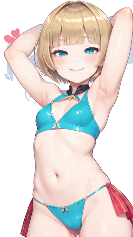 Blonde hair, short mash hair, turquoise eyes,A girl with impressive blonde hair、hair ornaments、short bob、hot pants、smile、dynamic pose, Showing armpits, hands behind head, nakedness, Bondage Suit、mocking smile、Small breasts、１２age、The angle of view is from the front、The camera is from the front、looking at the camera