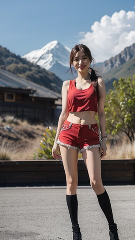 (High resolution 8K),( highest quality), Very detailed, (masterpiece), Realistic, Very detailedなかわいい女の子,( Age 25),((Mountain in the background々Trail)), (From the whole body に the にes:1.2),(Pass shot from the front:1.2),(Trailスタンドは前向き),(Natural pose),(Hair tying pose),(Big Breasts),(Big Ass),(Smiling for the camera),( Smiling while looking at the camera ),(Full Body Shot:1.2) ,((From the front 1.2)),(ponytail),(phoにRealistic:1.3),((White tank top)),((Red shorts)),(Wear a harness on your trousers),