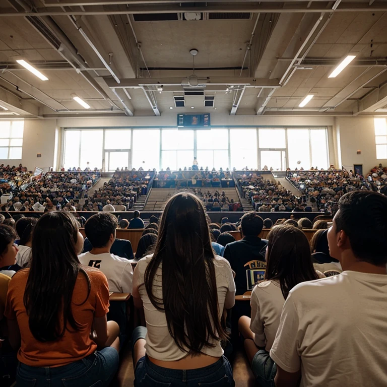 A high school crowd facing backwards