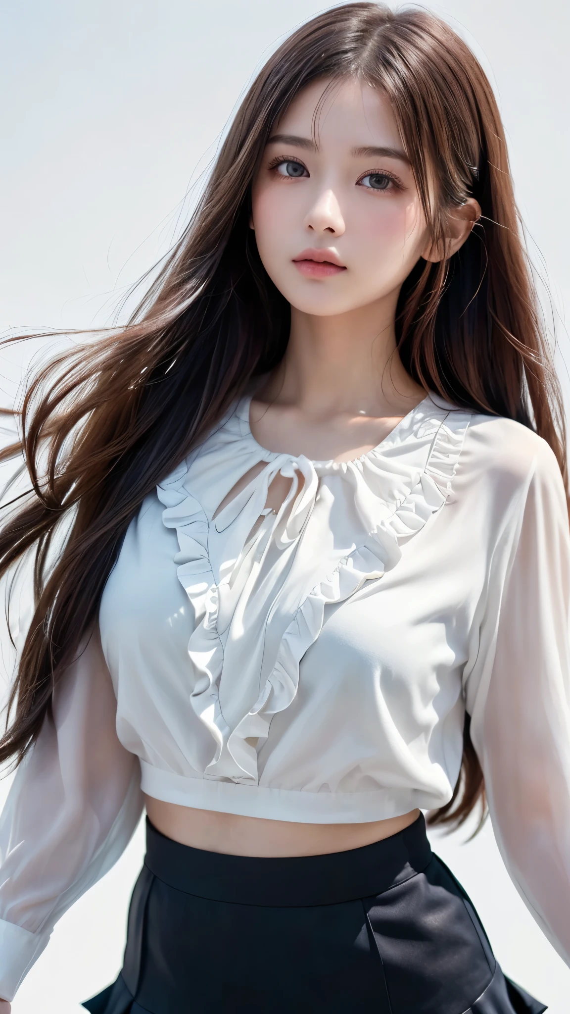 (((((Idol、Nogizaka、Sakurazaka、Hinatazaka)))))、((((Black Hair、forehead、long hair、Long Hair、腰までのLong Hair、Glowing Skin、Fair skin、Plump Lips、Straight Hair、Gray eyes、白Gal、Gal、Idol衣装、Stage Costumes、uniform、Jacket、blouse、mini skirt、race、Frills、Northern Europe、White background、シンプルなWhite background)))))))、、masutepiece, Best Quality, Photorealsitic, finely detail, hight resolution, 8K Wallpapers, Perfect dynamic composition, Beautiful detailed eyes, 18 year old、(Drooping eyes 1.4)、Adult beauty、japanes