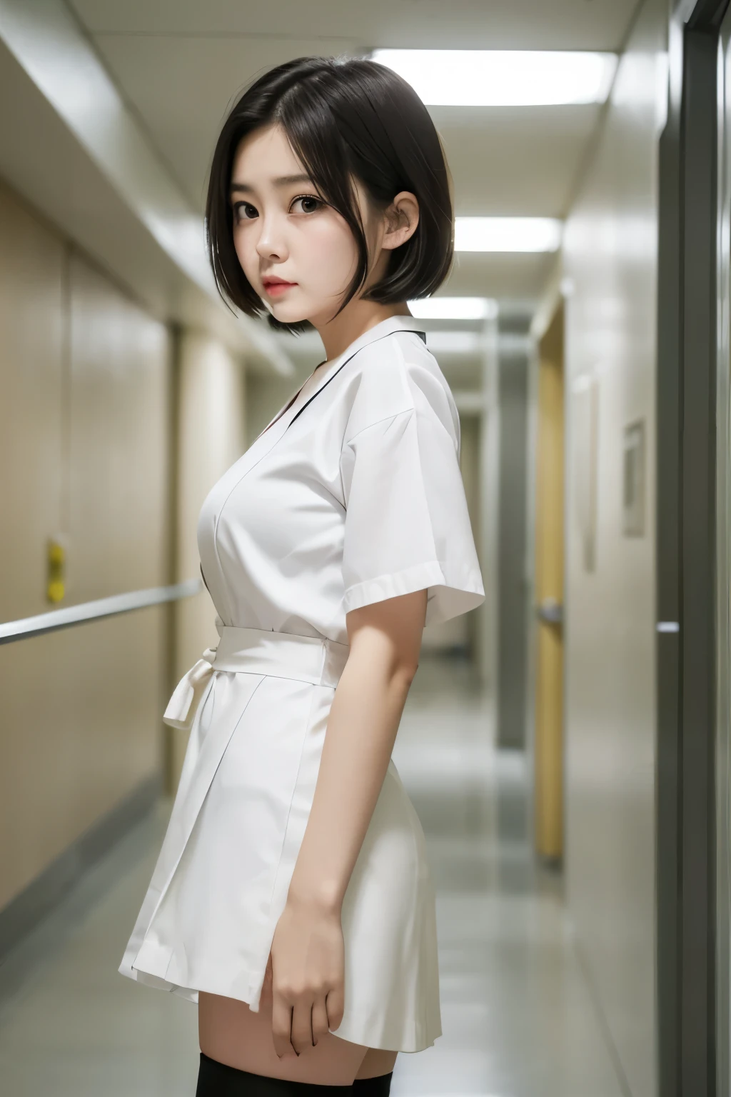 (1 Girl)、(Beautiful Japanese、18years old,round face、Refreshing、clear、seems kind、stylish、Pitiful、cute like an angel、cute、black eyes、,actress,Almond-shaped eyes), Good style , (Beautiful big breasts:1.2),(soft breasts),(very cute),(Black hair),(short bob hair),(enchanting eyes),(highlight on eyes:1.2)、(8K、Live shooting、highest quality、masterpiece:1.2、optimal lighting)、((masterpiece)),(Photo taken by a professional photographer),(real、photo real:1.4),break,{ (White nurse costume),(((taraditional nurse uniform))),(White nurse mini skirt),((White pantyhose)),(cleavage:1.2)},( Sad face:1.4),(cheeks are red:1.2), break, break,Hospital,Face shot:1.3、Hospital corridor、Looking Back at viewer:1.6, face close-up,Dynamic angle,Hands on hips