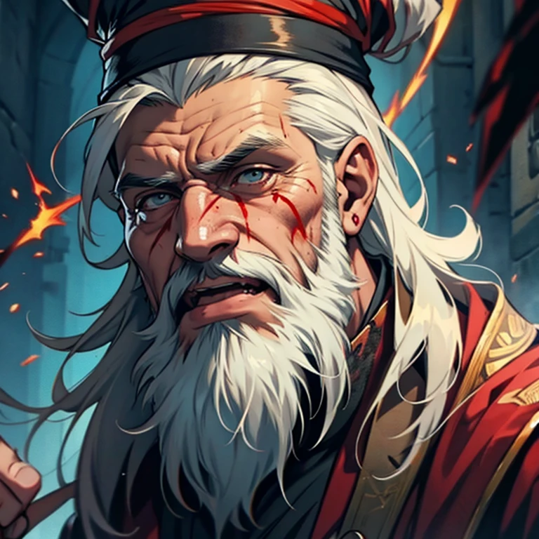Oldman beard wizard, bloody face, 
