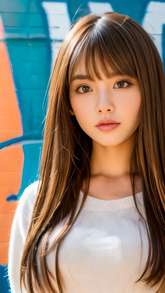 Best quality, 8k, ,Masterpiece :1.3)), facing viewer,((full body1.2)) ,pretty woman, wide shot ,1girl, , selfie , , Graffiti Wall, brown hair , bangs,ultra-detailed face, highly detailed lips, detailed eyes, double eyelid