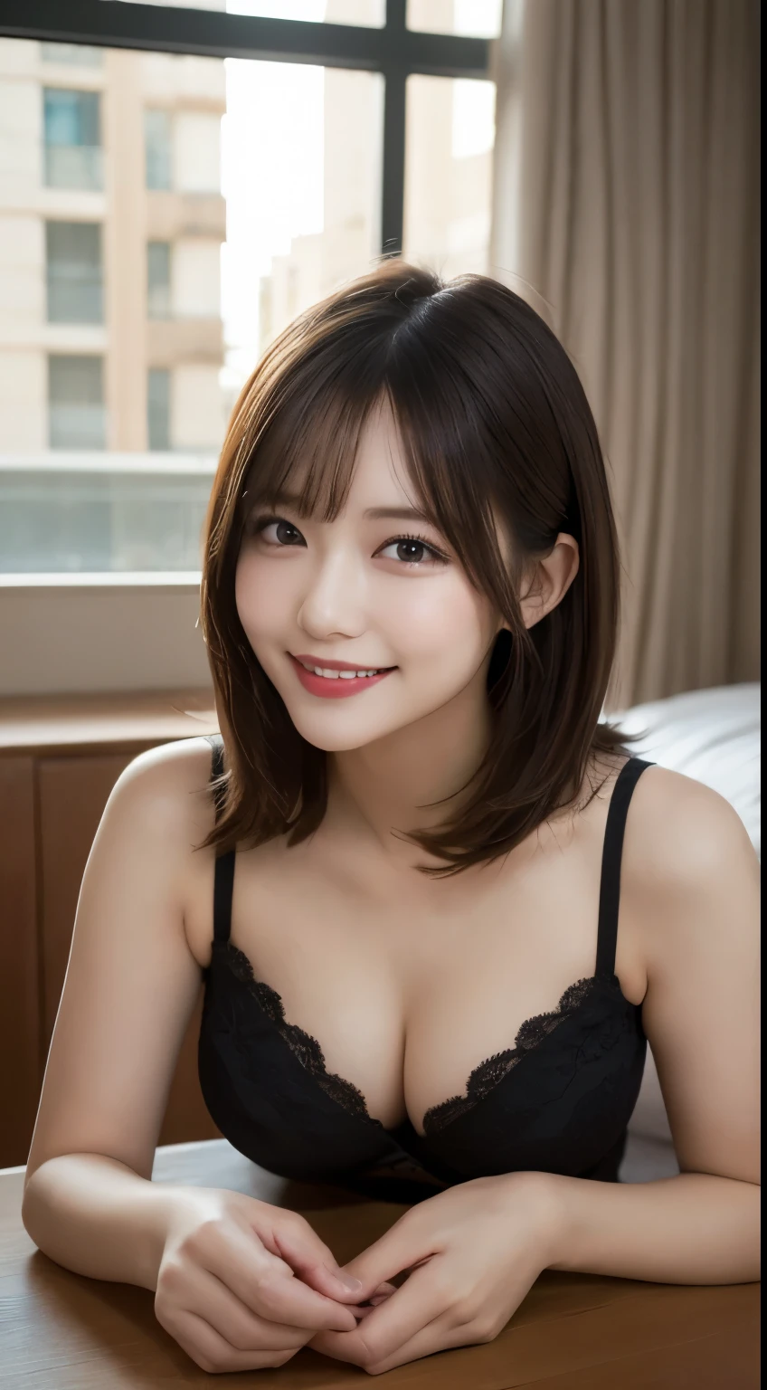 Tabletop, highest quality, figure, Very detailed, In detail, High resolution, 8k wallpaper, Perfect dynamic composition, Beautiful fine details, Lace Underwear,Medium Hair, Center of chest, Natural color lip, Random sexy poses,smile,Tower apartment,smile,Bedroom,On all fours,