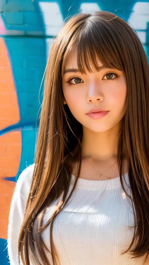 Best quality, 8k, ,Masterpiece :1.3)), facing viewer,((full body1.2)) ,pretty woman, wide shot ,1girl, , selfie , , Graffiti Wall, brown hair , bangs,ultra-detailed face, highly detailed lips, detailed eyes, double eyelid