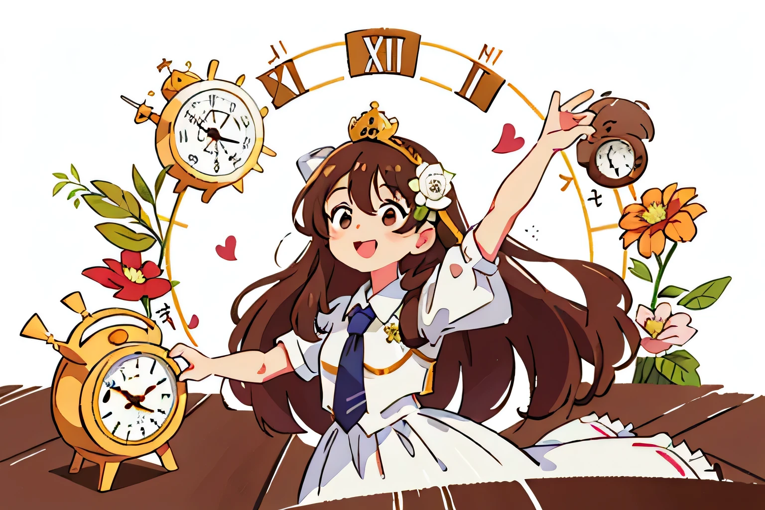 Girl with long brown hair,Wearing a white wedding suit,(with crown),oversized clock,Flowers,colorful,Dance(with love)Happy(surrounded by love),O Logo,vector,Line Art,design,inspiration,straight line,RHAD