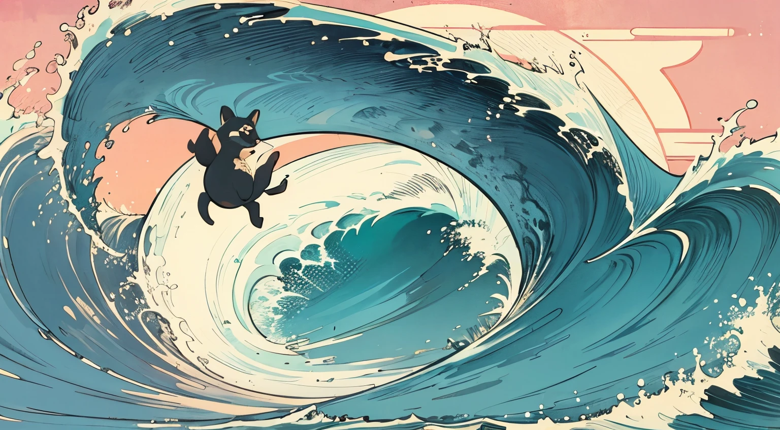 high quality cartoonish retro, a charming ferret animal surfs a big wave while the late afternoon sun sets casts the sky and ocean waves in beautiful colors, humorous and mystical