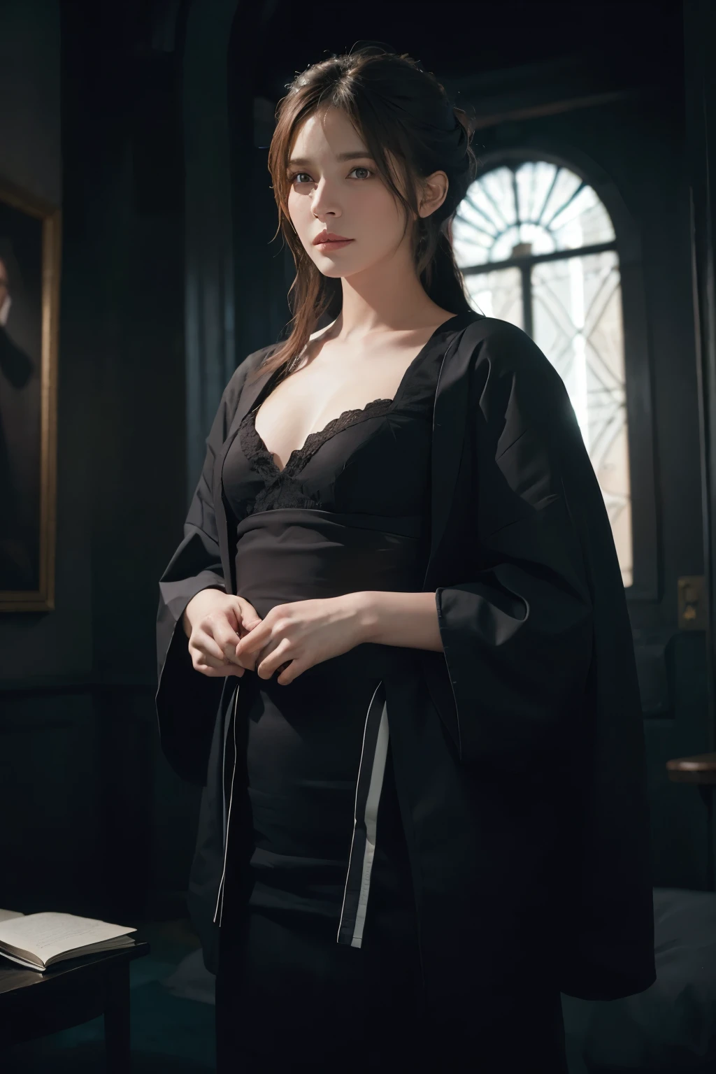(Mise au point avant), (dans le noir:1.6), Portrait hyperréaliste de femme par David Hockney et Alphonse Mucha, art fantastique, photo realistic, dynamic lighting, Station artistique, affiche, volumetric lighting, highly detailed faces, 4k, Prime, 1fille, dans le noir, ombre profonde, discret, Tir de cow-boy, (Official clothing:1.4), cheveux longs, cheveux blancs