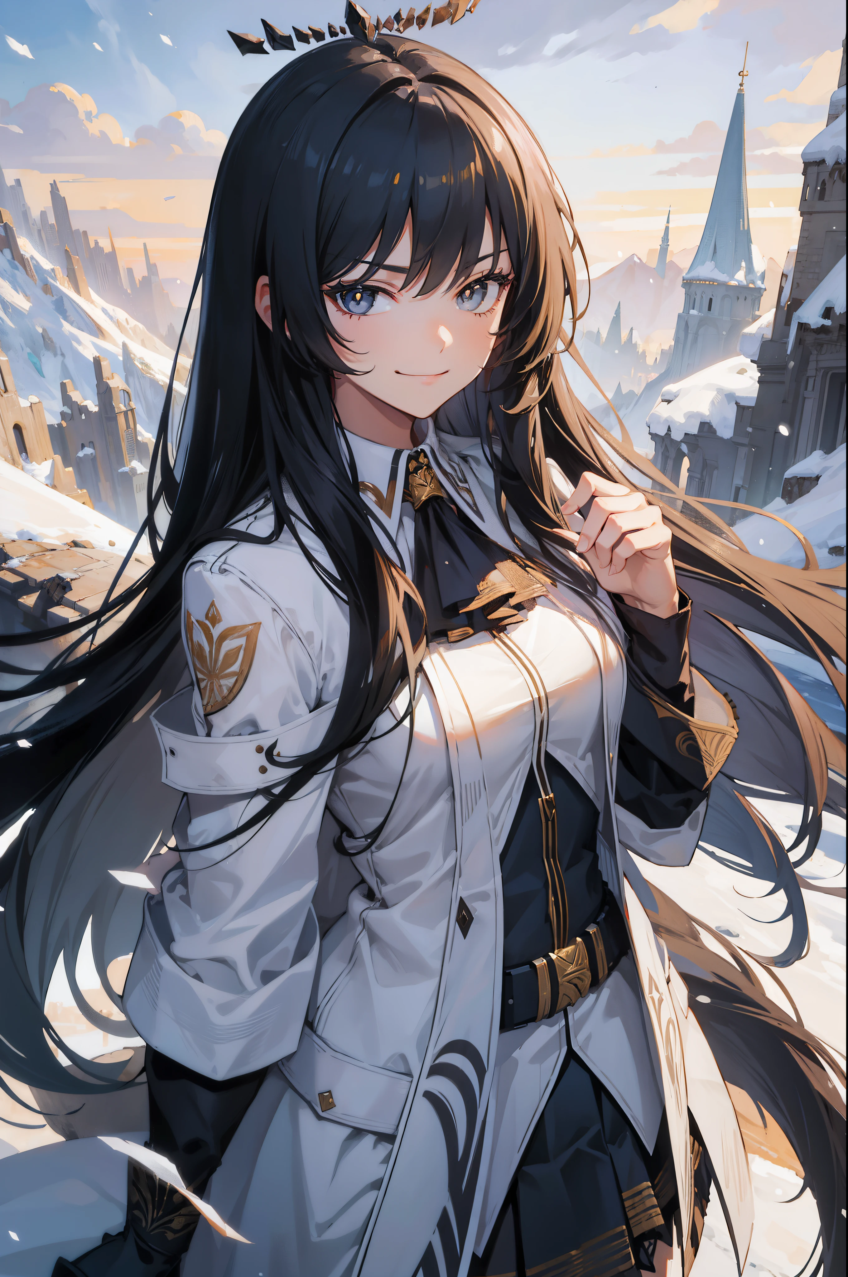 (best quality:1.3), (masterpiece:1.3), (illustration:1.3), (ultra-detailed:1.3), (mid shot:0.9), 1girl, Long hair, black hair, virtuosa_arknights, medium breasts, tall, ((mature, smirk,)) upper body, gray eyes, looking at viewer, white coat, snow, snowy, mountain, skirt, 