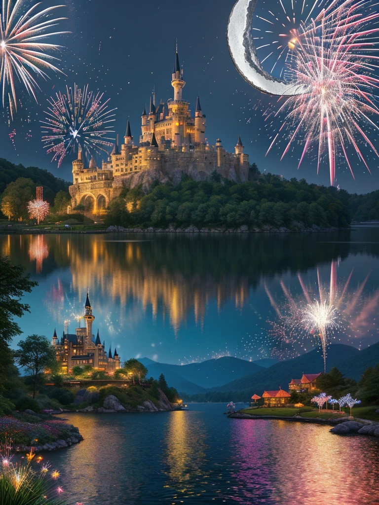 (Neon),Circuit Board,(moon:1.5),(Bubbles),(fireworks:1.5),Dreams,(Psychedelic),(Neon light),(A peaceful and magical dream castle),In this vibrant,Charming surroundings,center,A dreamy and majestic castle,Central Lake,Surrounded by a variety of aquatic plants,Many different types and colors of flowers adorn the beautiful landscape,Multiple waterfalls burst from nearby cliffs,Their waters sparkle in the dawn light,When they poured into the lake,The sun is just beginning to peek over the horizon,The first rays of sunlight of the day cast beautiful, warm tones over the castle and surrounding nature.,(Ultra HD, masterpiece, precise, Anatomically correct, textured skin, High Detail, high quality, The award-winning, 8k),Mysterious charm, Utopian Clean Energy City
