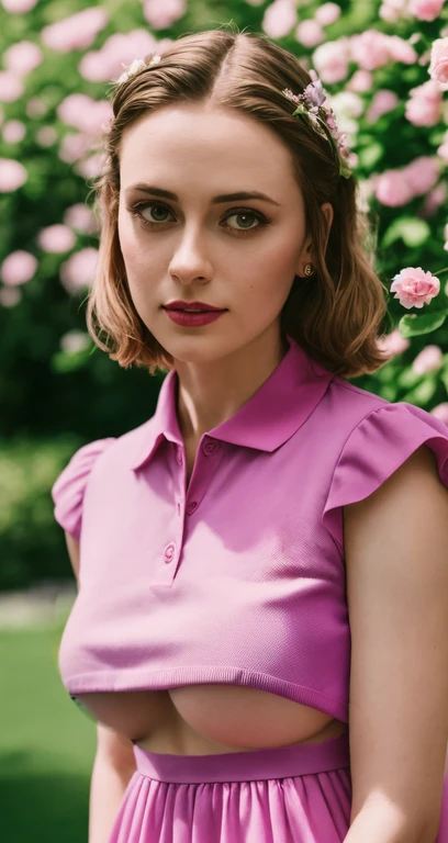 tiktok photo of 37 years old woman, closeup, RAW, masterpiece, realistic, hyper realistic, muted color, film grain,
looking at viewer, polo's pastel perfection looking 80s casual soft collars, fascinating, blurry background, garden, high contrast, dark background,
wearing Magenta dress flower, underboob