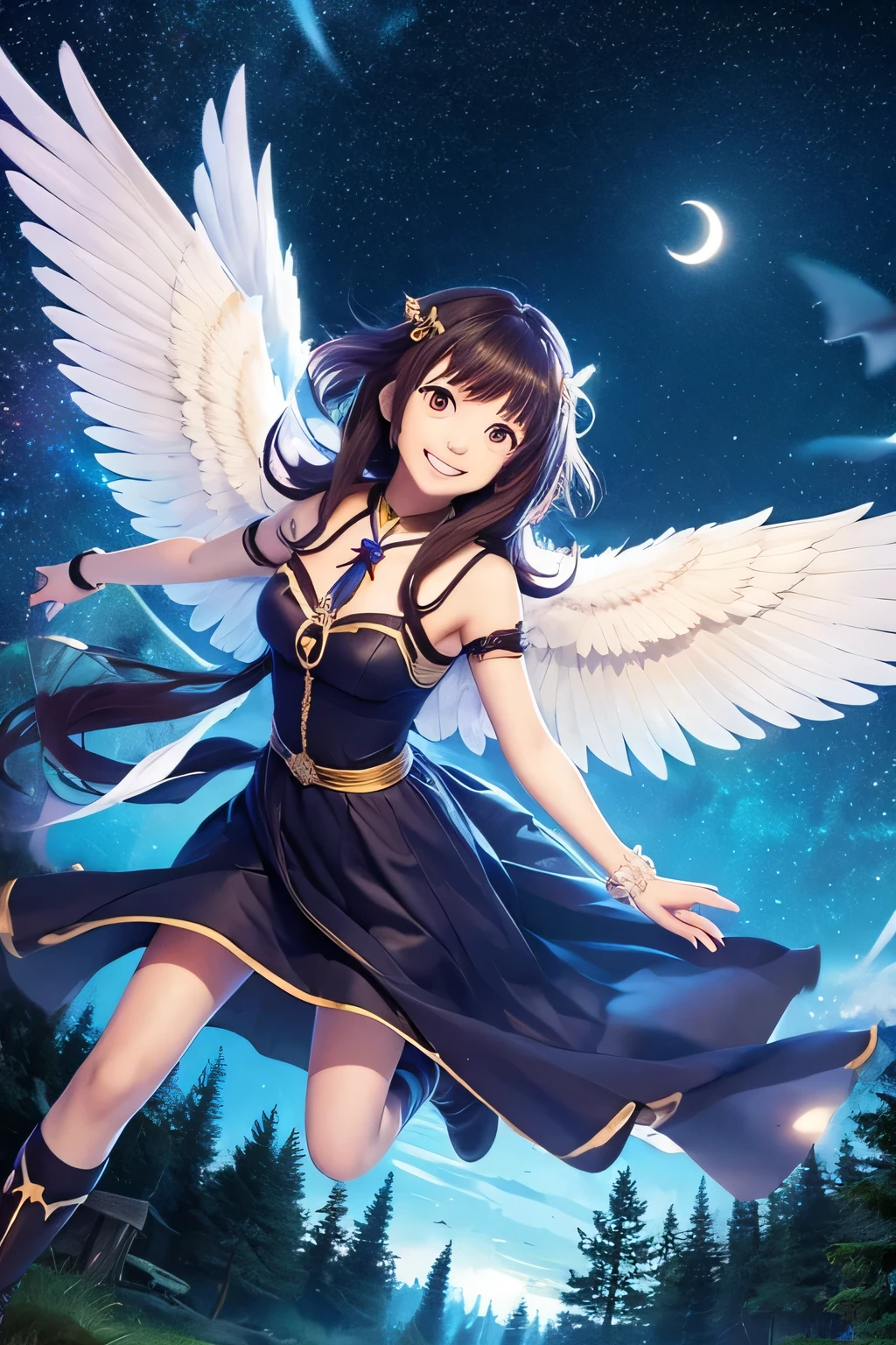 Women, Anime Style, smile, Medium Hair, Wings on the back, Flying in the sky, forest, Midnight, Stars in the night sky
