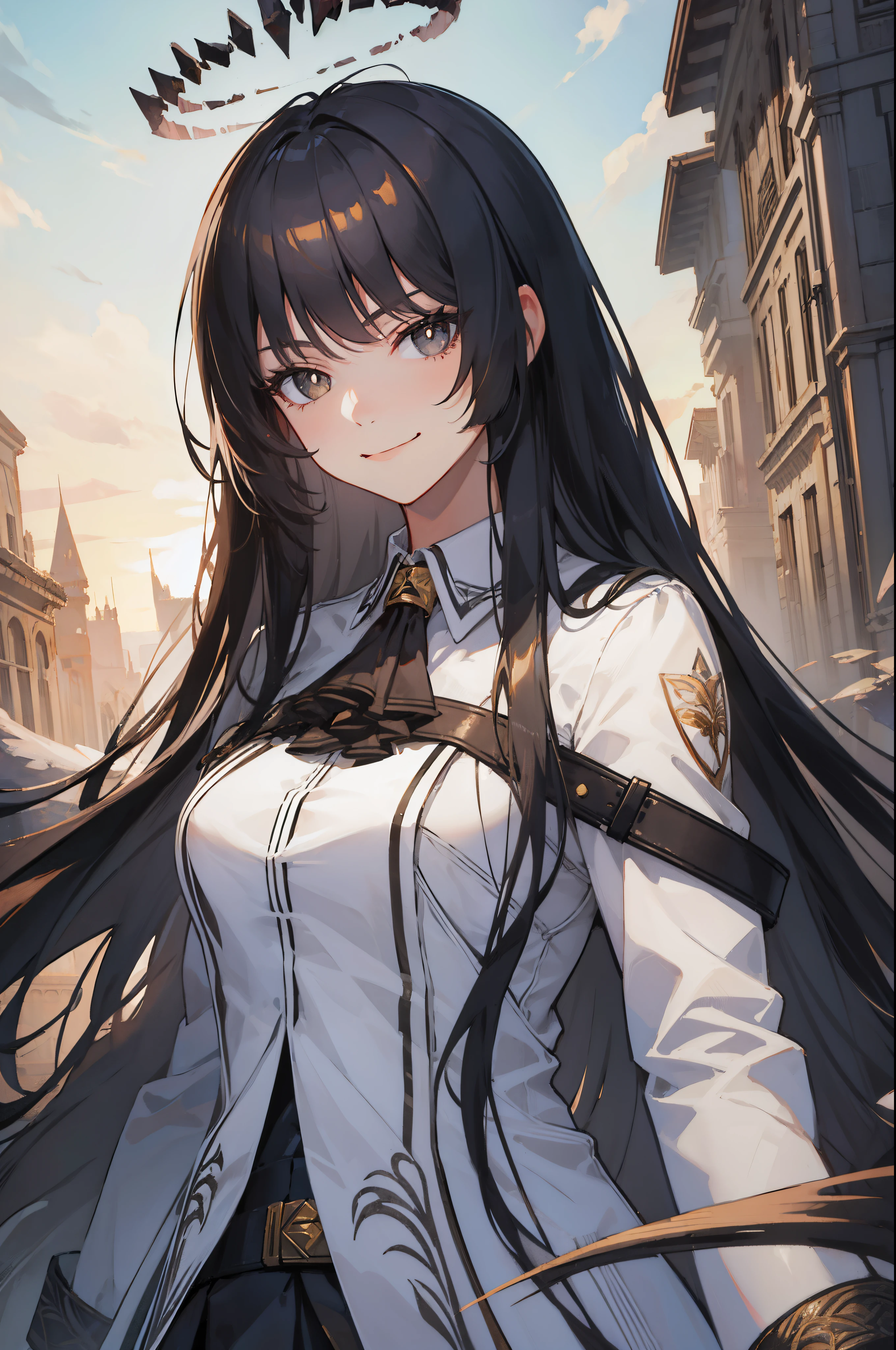 (best quality:1.3), (masterpiece:1.3), (illustration:1.3), (ultra-detailed:1.3), (mid shot:0.9), 1girl, Long hair, black hair, virtuosa_arknights, medium breasts, tall, ((mature, smirk,)) upper body, gray eyes, looking at viewer, white coat, 