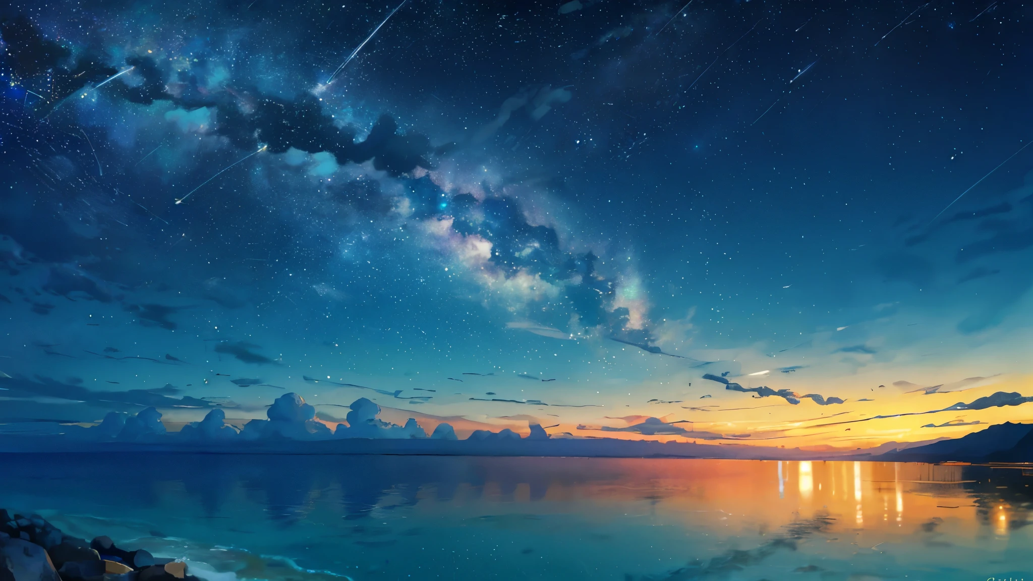 (zoom:1.1), (meteor shower:1.2), (comet:1.1), low angle, arora borealis, shooting star, top quality, masterpiece, clouds, colorful, southeast Asian beach, summer, seascape, small islands