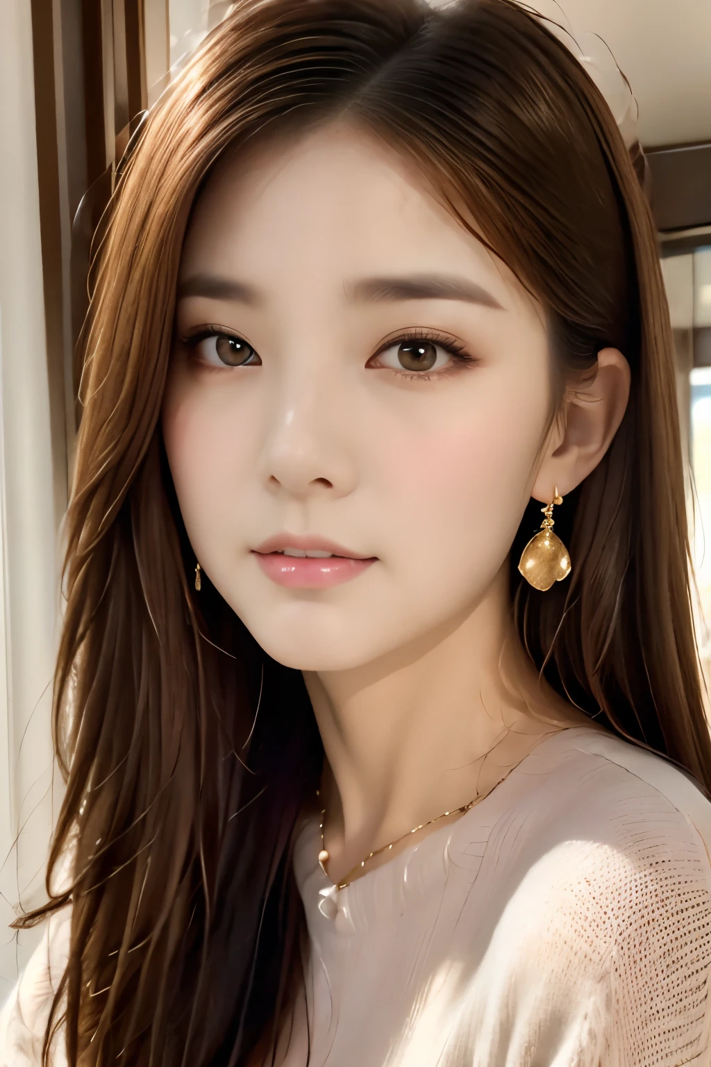 Bust up images, highest quality, Super quality, 16k, Incredibly absurd, Very detailed, Golden Ratio, Beautiful woman, Beautiful and realistic round face, Seductive look, Beautiful light brown straight medium hair, Beautiful hairstyle, Beautiful and realistic eyes, Beautiful and realistic skin, Big Breasts:1.3,Wearing a loose navy blue sweater, Background room、Bulb included、Ultra warm white