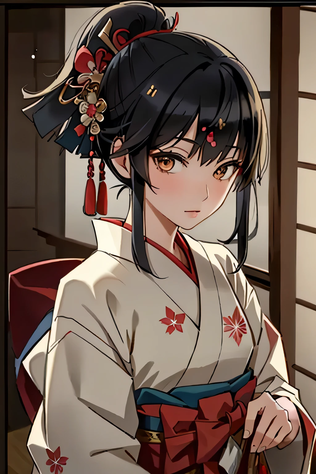 ((1 woman)), Fuji frame , nihongami, hime, Toda-Mariko, Bust Shot , One head, one person, upper body close-up, Ukiyo-e, geisha, Japan, Japanese, kimono, Beautiful woman , Bunkin Takashimada , Edo period, princess, Japanese hairstyle, Nihon-Gami, Nippon-Kami, home, ultra-realistic, photo-like, beautiful Japanese princess Geisha's Reflection on Katana: Sushi Scream, Edo period, princess, Japanese hairstyle, ultra-realistic, photo-like, beautiful Japanese princess