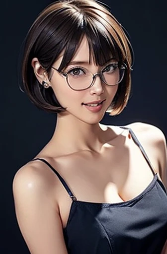 (masterpiece), (8k, best quality, high resolution), (ultra-detailed, realistic), (anatomically correct),  
((face close-up)), (Standing), (No background),
(1woman),  (looking at viewer), 
(A Japanese woman, 30 years old and 155cm tall.), 
(black hair), (straight hair), (short hair style), (bob cut), (hair behind ears), 
(wear glasses), ((black cell frame glasses)), 
((Wear a navy blue spaghetti strap dress)), (Mini length dress with simple design), 
(Create a detailed image of the eye), 
(Her impression is pure, clean and kind.), 
((A captivating smile, just showing a few teeth.)), 　 
