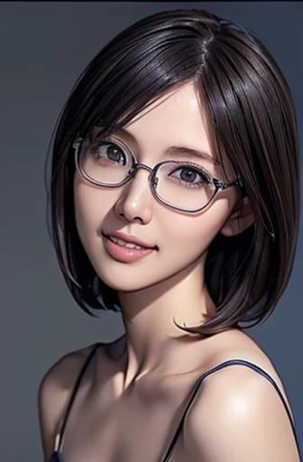 (masterpiece), (8k, best quality, high resolution), (ultra-detailed, realistic), (anatomically correct),
((face close-up)), (Standing), (No background),
(1woman), (looking at viewer),
(A Japanese woman, 30 years old and 155cm tall.),
(black hair), (straight hair), (short hair style), (bob cut), (hair behind ears),
(wear glasses), ((black cell frame glasses)),
((Wear a navy blue spaghetti strap dress)), (Mini length dress with simple design),
(Create a detailed image of the eye),
(Her impression is pure, clean and kind.),
((A captivating smile, just showing a few teeth.)),