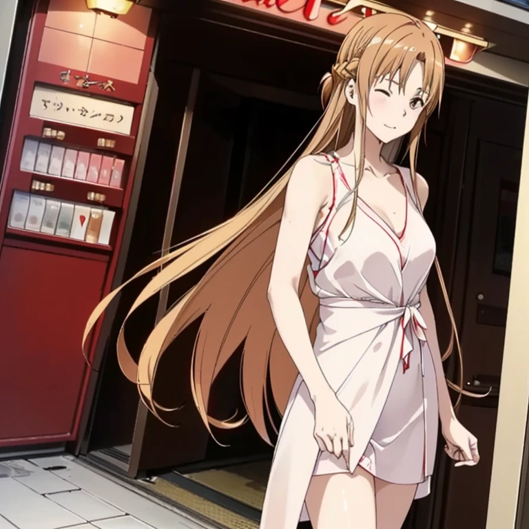 ((highest quality)), ((masterpiece)), (detailed), Perfect Face、Yuuki Asuna、（The woman is a brown-haired Japanese）、((A woman is completely drunk and standing in front of the entrance to a love hotel with a white man.))、（A white man embraces a drunk woman and takes her to the entrance of a love hotel）、((The white man is tall, well-built, and has a strong body.))、The woman is dressed casually、Man dressed casually、（The woman is drunk and in a good mood, her face is red and her eyes are closed.）、In front of the pink neon love hotel