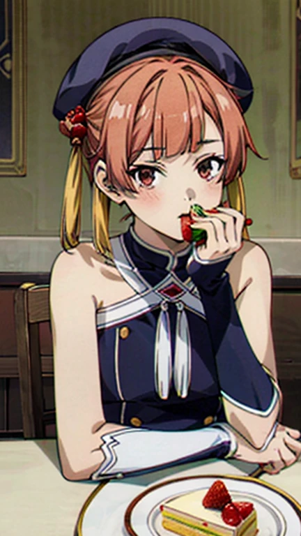 anime girl with a hat and strawberries on her head sitting at a table, kawacy, anime visual of a cute girl, cute anime girl, eating cakes, young anime girl, guweiz, high quality anime artstyle, anime girl, artwork in the style of guweiz, beautiful anime girl, pretty anime girl, (anime girl), official artwork