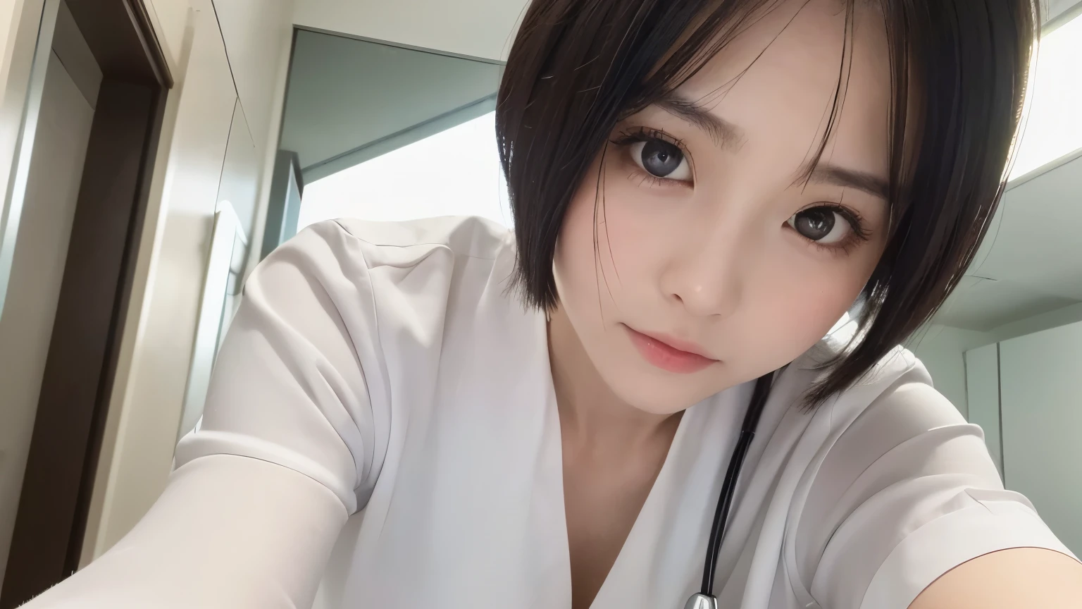 (1 Girl)、(Beautiful Japanese、18years old,round face、Refreshing、clear、seems kind、stylish、Pitiful、cute like an angel、cute、black eyes、,actress,Almond-shaped eyes), Good style , (Beautiful big breasts:1.2),(soft breasts),(very cute),(Black hair),(short bob hair),(enchanting eyes),(highlight on eyes:1.2)、(8K、Live shooting、highest quality、masterpiece:1.2、optimal lighting)、((masterpiece)),(Photo taken by a professional photographer),(real、photo real:1.4),break,{ (White nurse costume),(((taraditional nurse uniform))),(White nurse mini skirt),((White pantyhose)),(cleavage:1.2)},(A painful face),(cheeks are red:1.2), break, break,Hospital,Face shot:1.3、Hospital corridor、Looking Back at viewer:1.6, face close-up,Dynamic angle,leaning forward