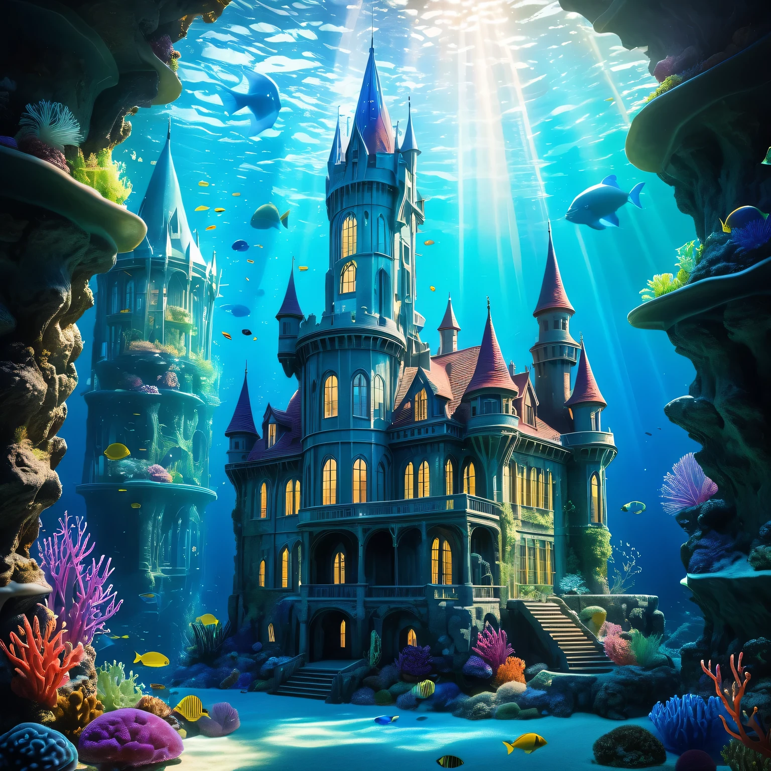 (best quality,4k,8k,highres,masterpiece:1.2),ultra-detailed,(realistic,photorealistic,photo-realistic:1.37),underwater fantasy glass castle,sparkling turquoise water,translucent coral reefs and vibrant underwater plant life,enchanted sunlight filtering through the water, ethereal rays illuminating the glass castle,glowing jellyfish gracefully swimming around the castle,exquisite detailing of the castle's intricate glass architecture and delicate spires,reflective surfaces creating a mesmerizing play of light and color,serene and peaceful atmosphere,subtle hues of blues, greens, and purples creating a dream-like underwater world,submerged treasures and artifacts adding a touch of mystery and history to the scene,calm and gentle underwater currents gently swaying the castle and its surroundings,fantastical and magical ambiance enveloping the entire scene,an awe-inspiring landscape that sparks imagination and wonder.