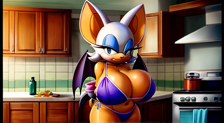 Rouge the bat, rouge, in a small bikini, cannon, in kitchen, cute, large breast