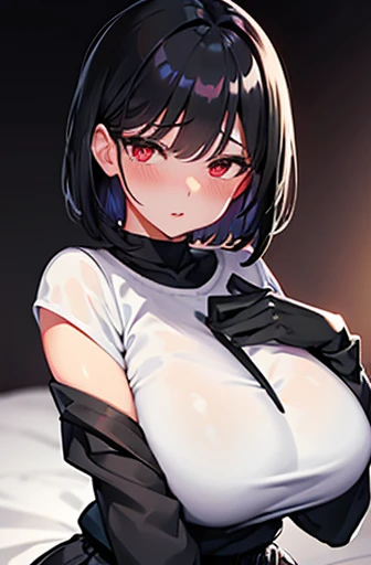 1girl, black skirt, busty, white t-shirt, beautyful woman, sexy, black hair, short haircut, blush, arm down, sexy look, parted lips, red eyes, epic lightning, detailed lightning, detailed background, bedroom, high thigh socks